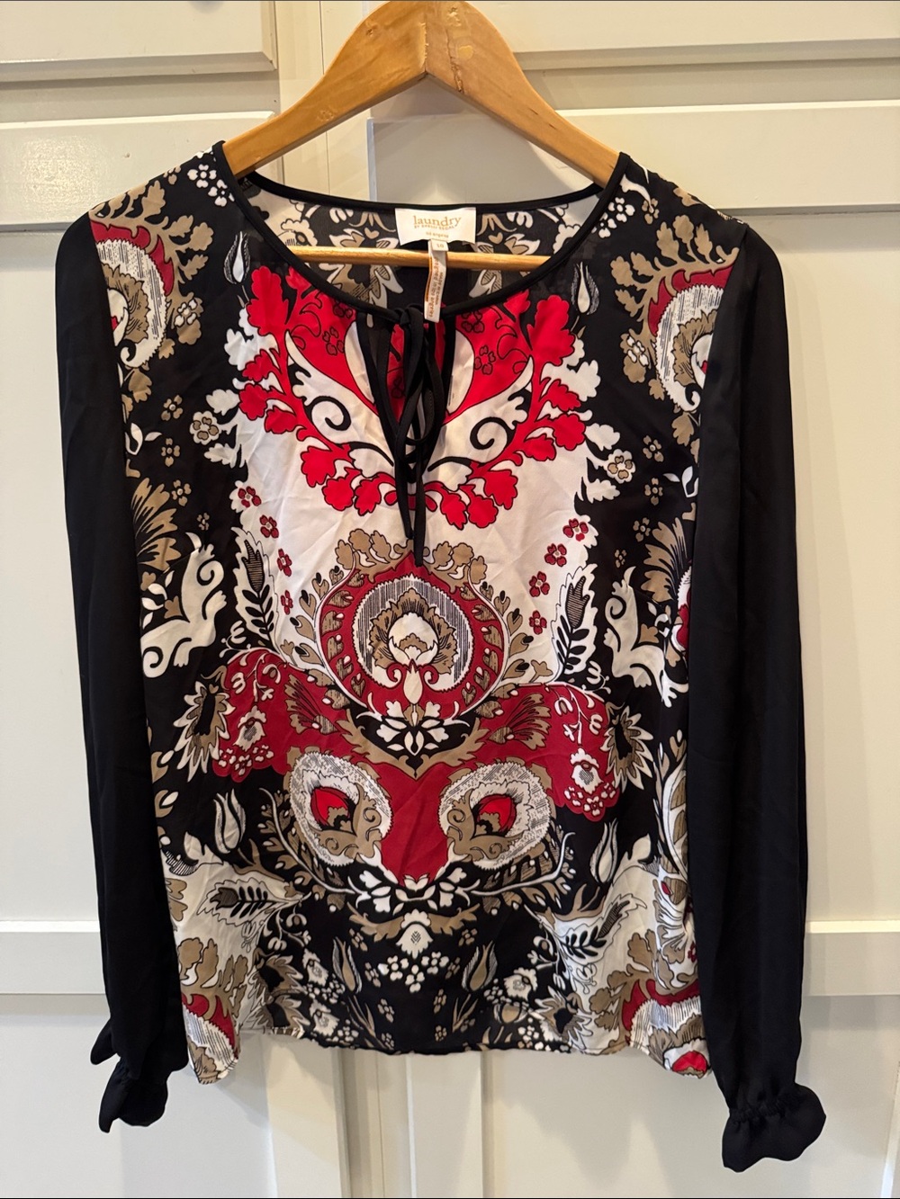 Laundry By Shelli Segal Black Red Cream Floral-Print Long-Sleeve Blouse